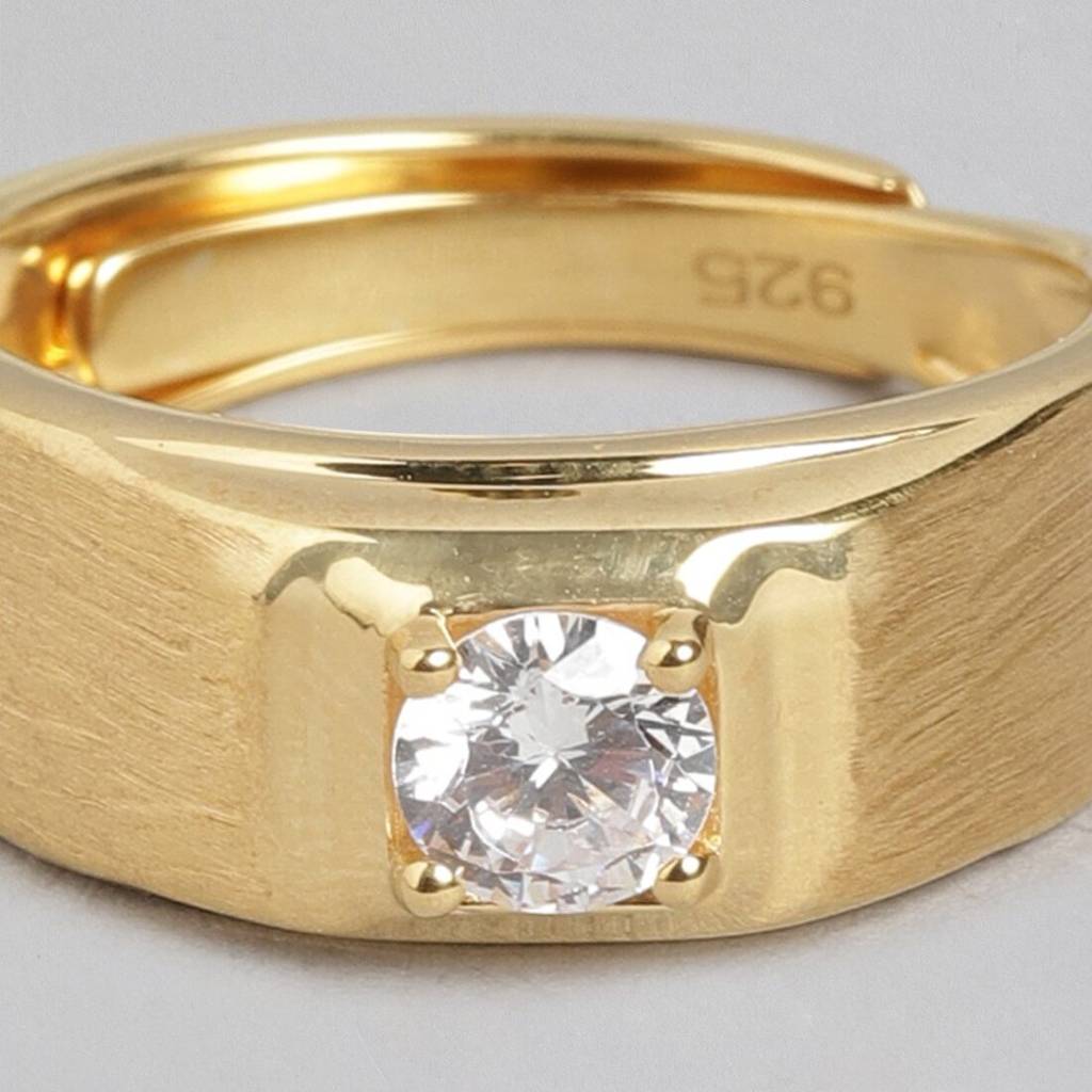 Radiant Gold Glow 925 Sterling Silver Ring With Cubic Zirconia For Him (Adjustable) : RNG-40160