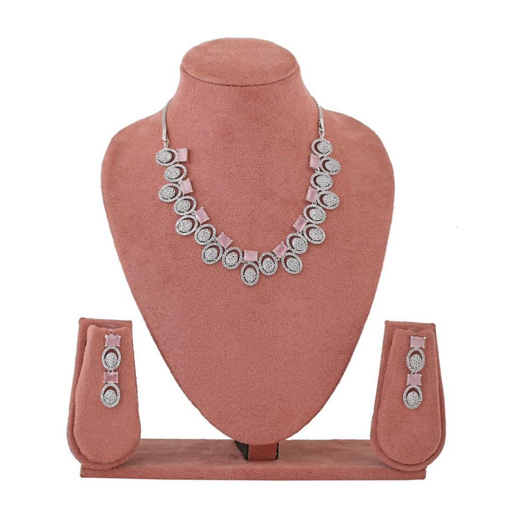 Estele Rhodium Plated Cz Elegant Necklace Set With Mint Pink Crystals For Women