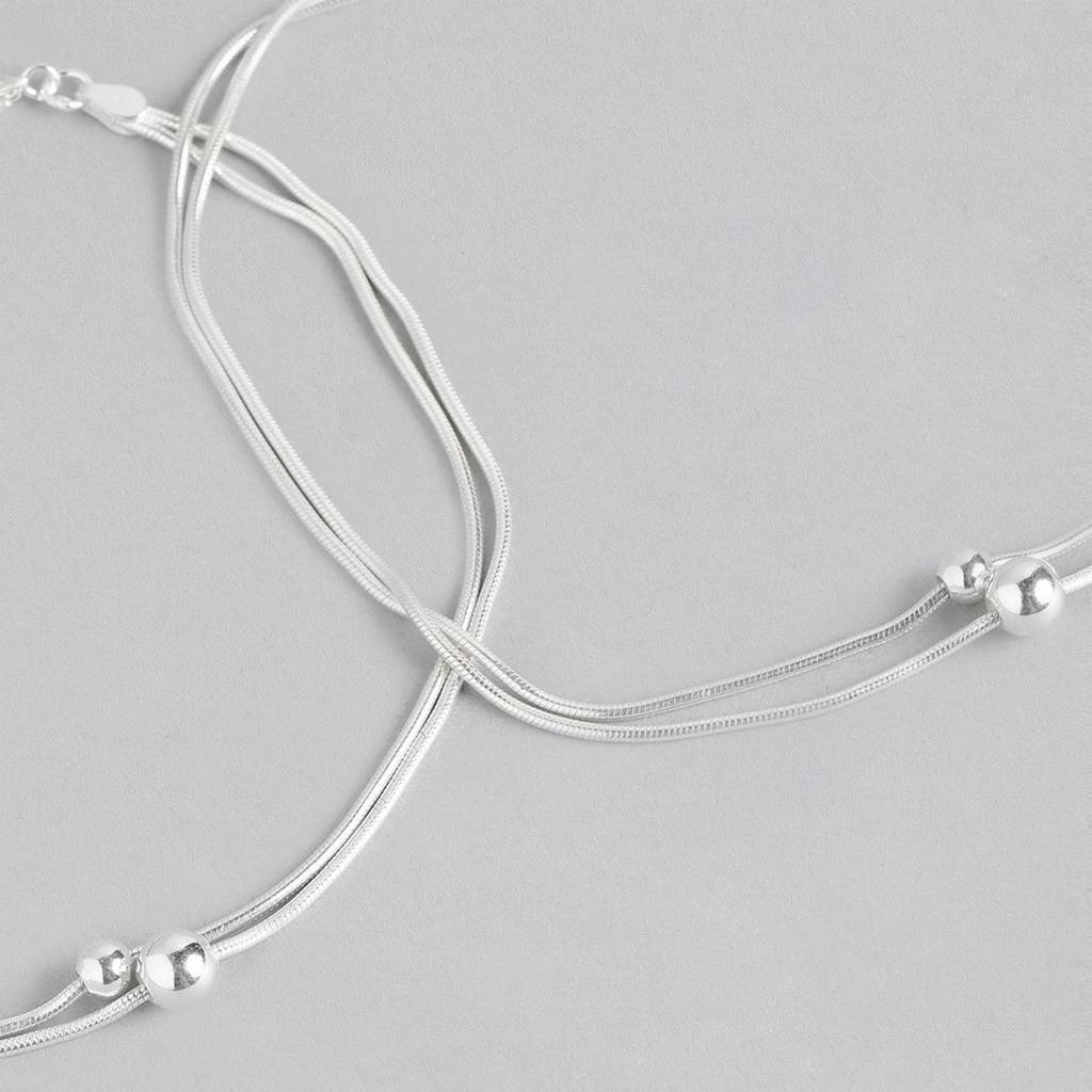 Double String Bead Rhodium Plated 925 Sterling Silver Chain Anklet : ANK-60190-PAIR