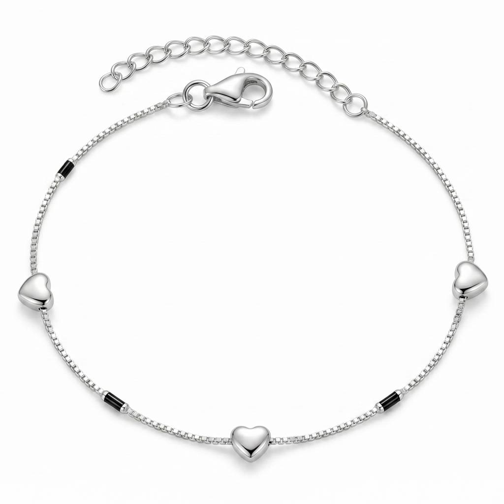 The Amour Silver Heart & Black Bar Box Chain Anklet : AK1120