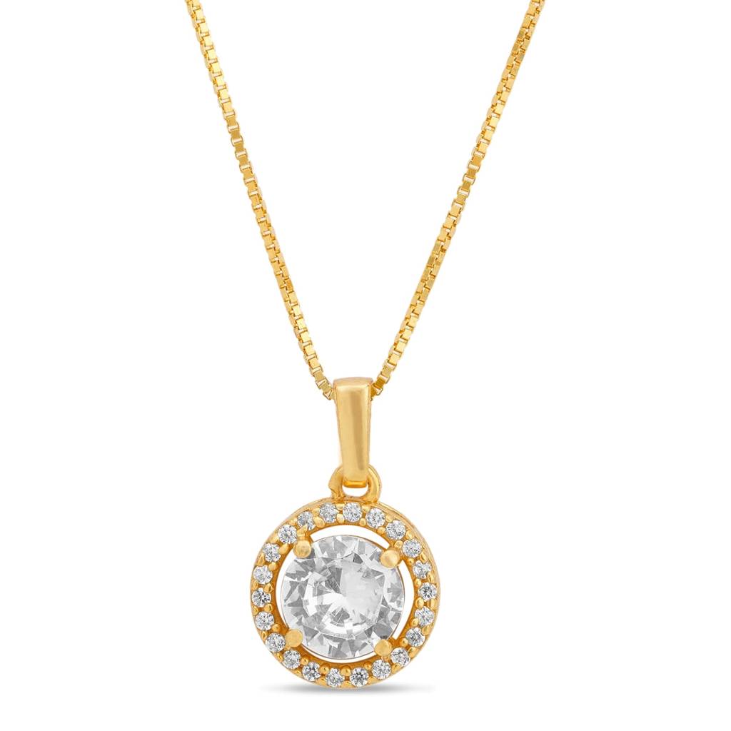 Classic Solitaire Golden Plated 925 Sterling Silver Pendant With Box Chain : PEN-30027