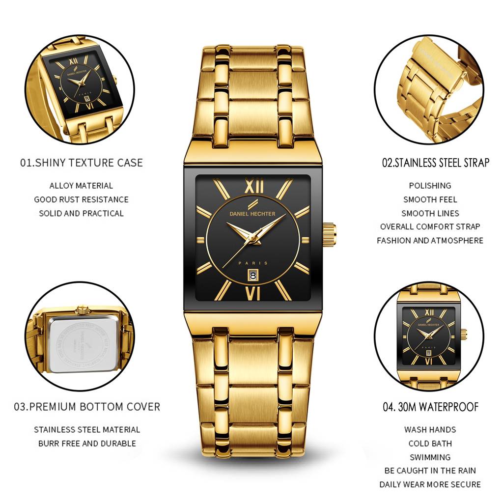 Daniel Hechter Paris Gallieni Collection Vintage Analog Watch For Men - Rectangular Dial With Roman Numerals, Dat : DHM1029-33
