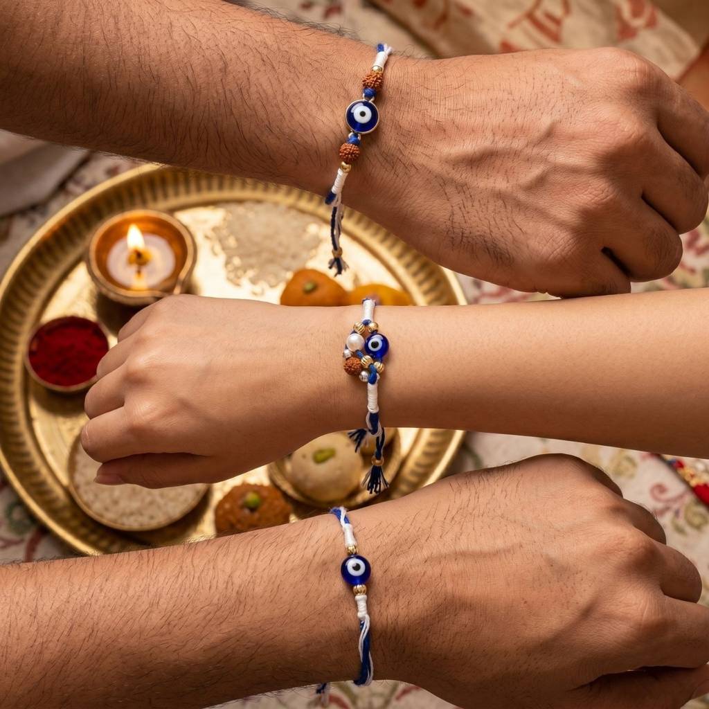 Evil Eye Rakhi Combo For Brother | Set Of 3 Handmade Evil Eye, Rudraksha & Nazar Protection Rakhis | Raks : RAKHI_SET_22_23_24