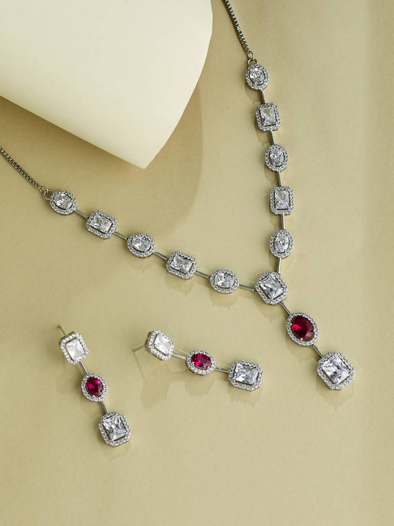 Cz Solitaire Ruby Necklace Set : YI24A0093N