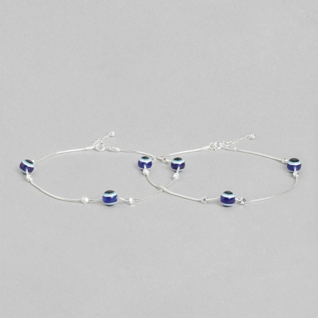 Evil Eye Beaded Rhodium Plated 925 Sterling Silver Chain Anklet : ANK-60194-PAIR
