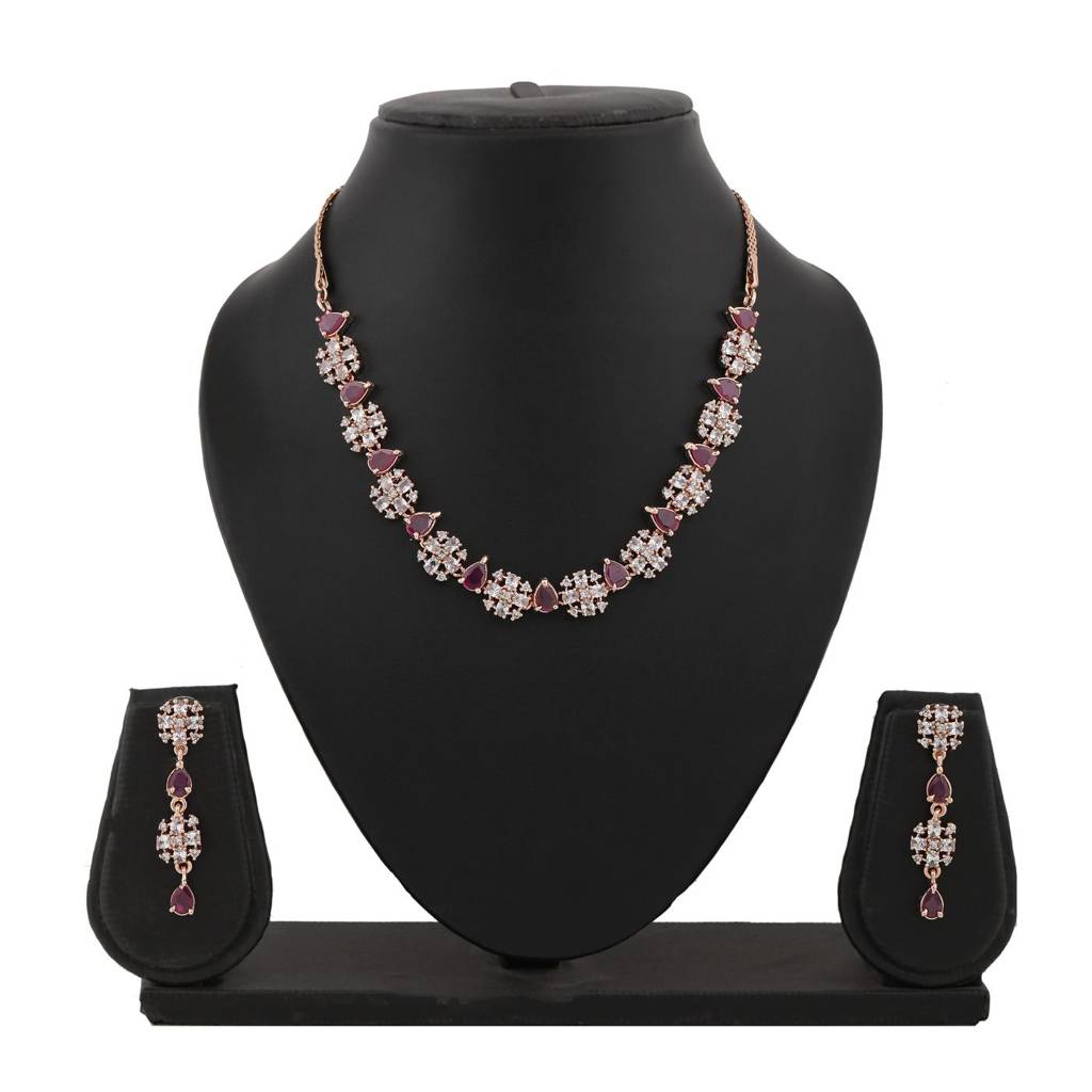 Estele Rose Gold Plated Cz Trendy Designer Necklace Set With Pink Crystals For Women
