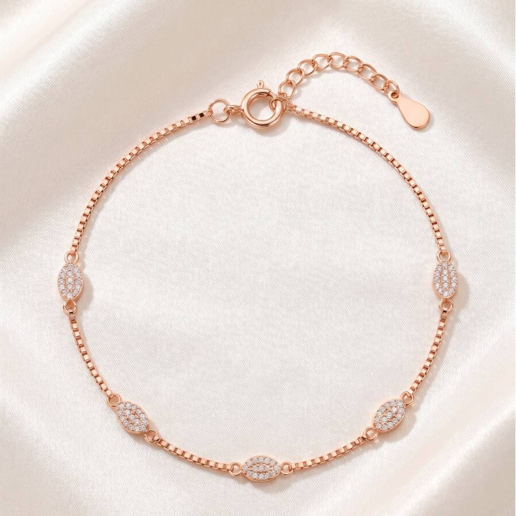 Premium Minimalist Rose Gold Pave Oval Station Anklet On Delicate Box Chain : AK1142
