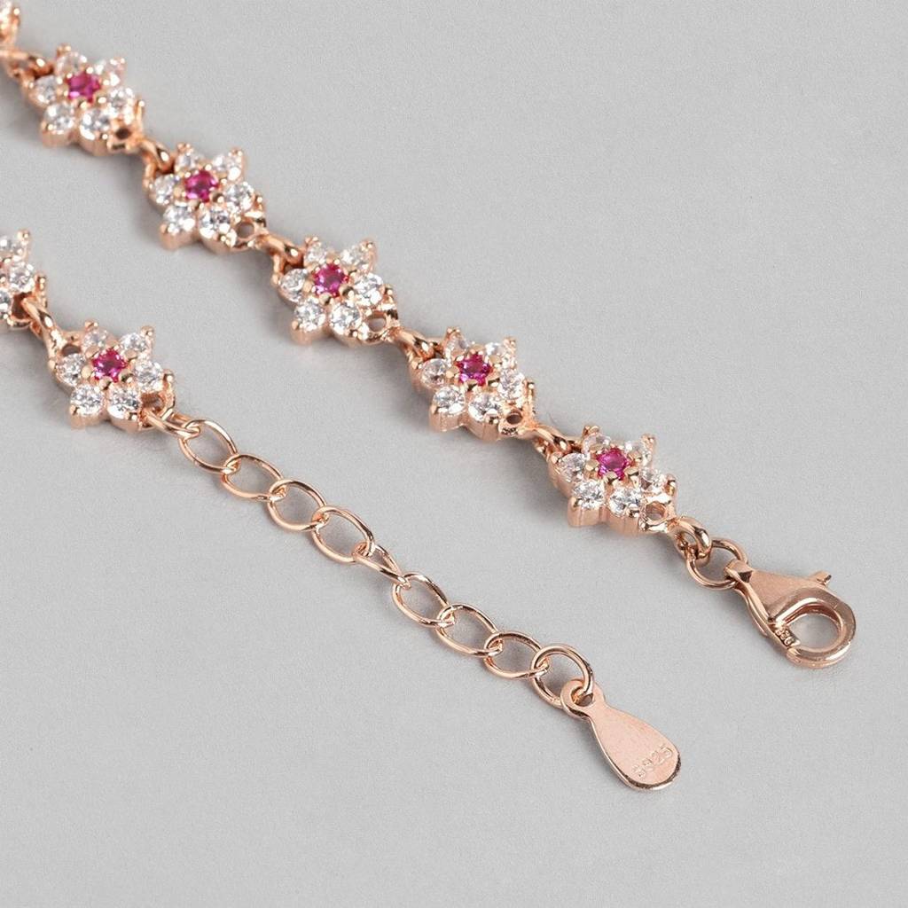 Floral Cubic Zirconia Rose Gold Plated 925 Sterling Silver Women'S Anklet : ANK-60331-PAIR-RG