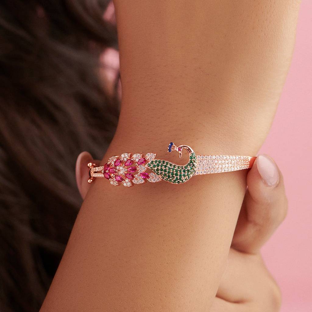 Zavya Eternal Bloom X Peacock Silver Bracelet In Rose Gold : BR-80145-Forever_Love