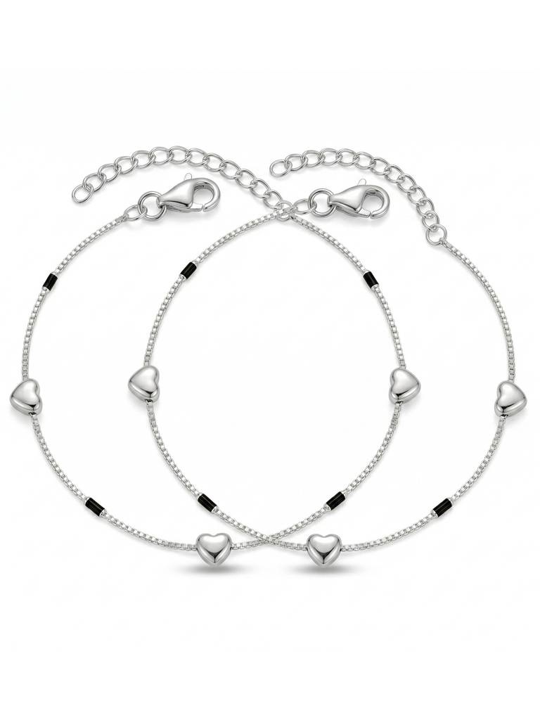 The Amour Silver Heart & Black Bar Box Chain Anklet : AK1121