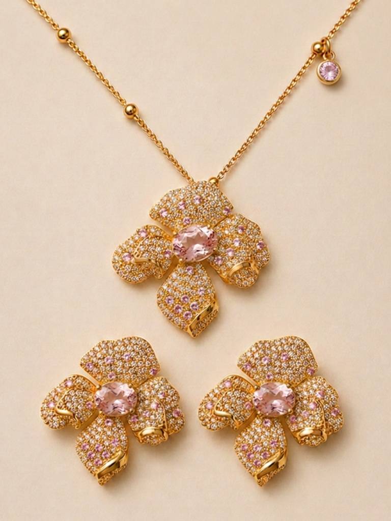 Boccio Pave Flower Necklace & Earring Set, 18K Gold-Plated : SET1018PSS