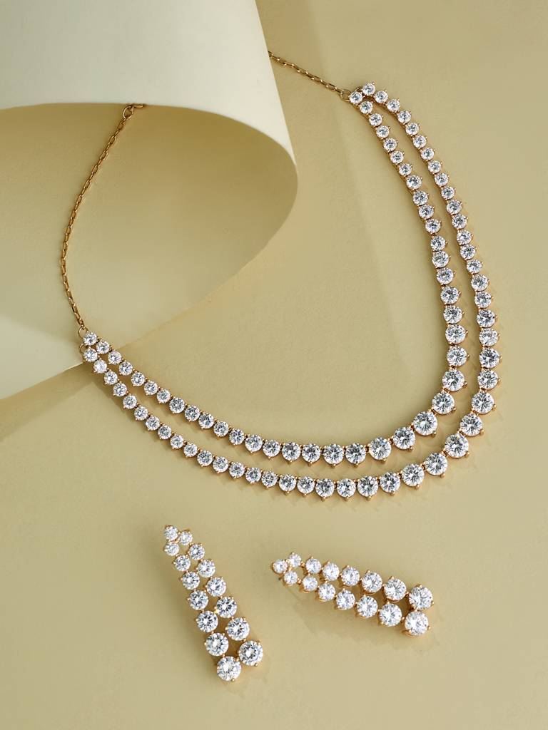 Cz Solitaire Gold Tone 2 Layer Necklace Set : YI24A0094N