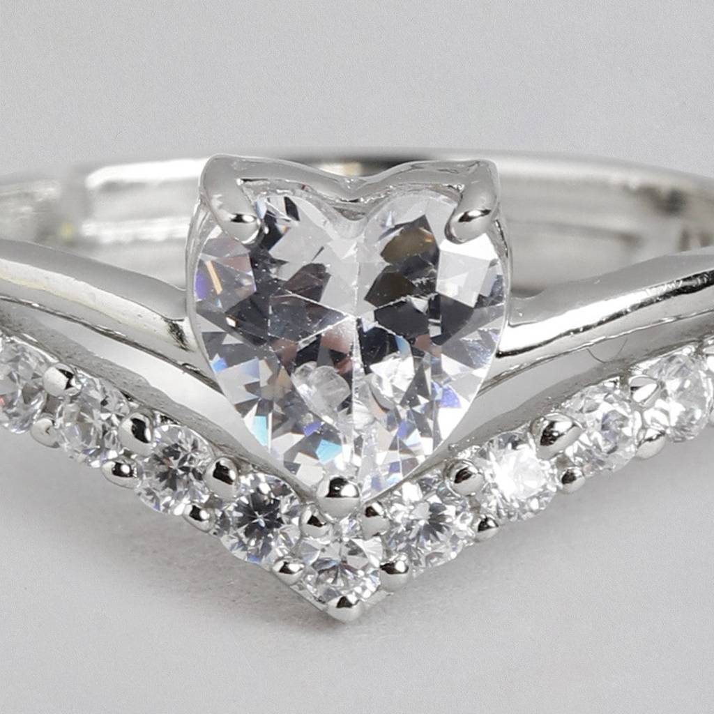 Shimmering Love Rhodium-Plated Heart Cz 925 Sterling Silver Ring (Adjustable) : RNG-40251-R