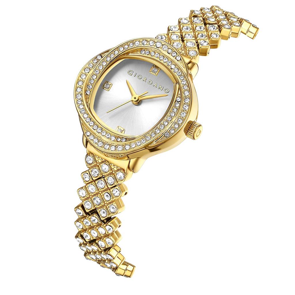 Giordano Luxury Crystal Watch For Women, Stainless Steel Strap, Diamond-Studded Bezel, Elegant Dress Timepiece : GZ-60120-11