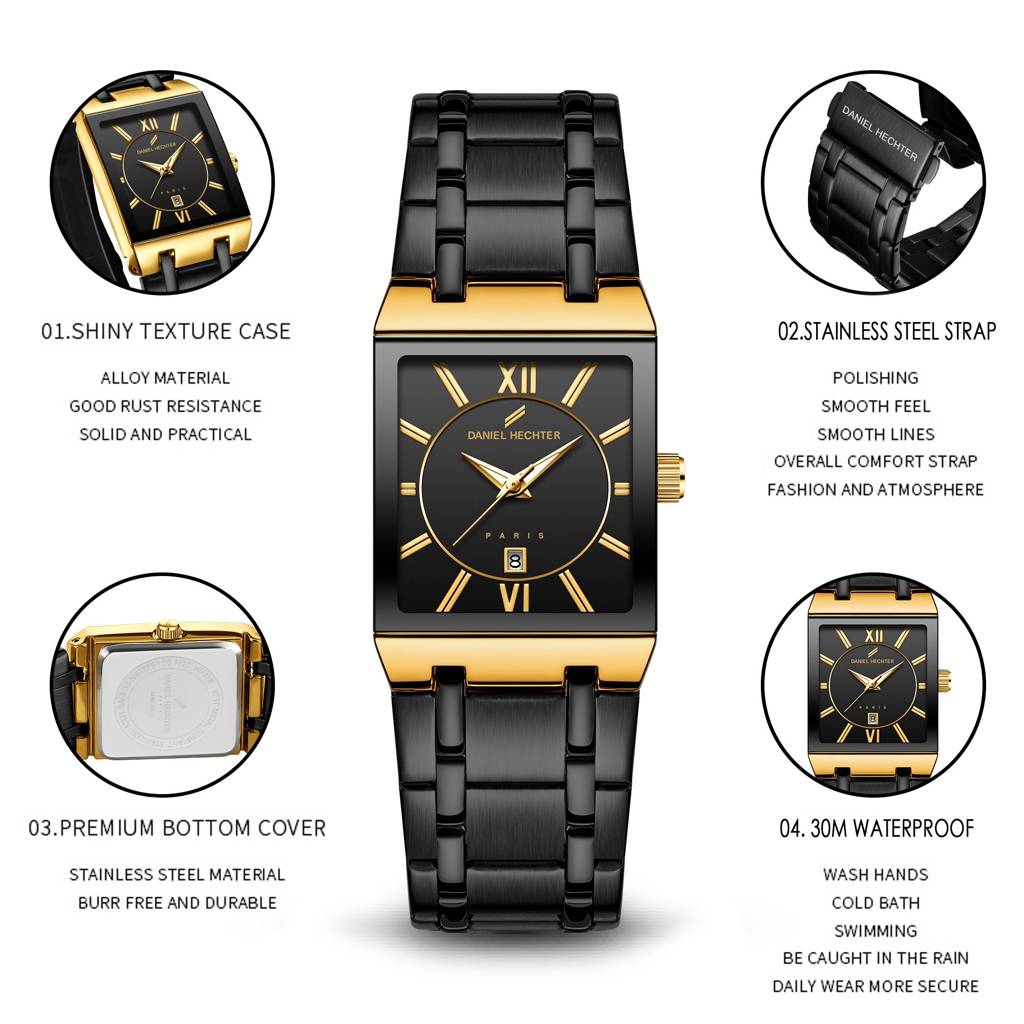 Daniel Hechter Paris Gallieni Collection Vintage Analog Watch For Men - Rectangular Dial With Roman Numerals, Dat : DHM1029-11