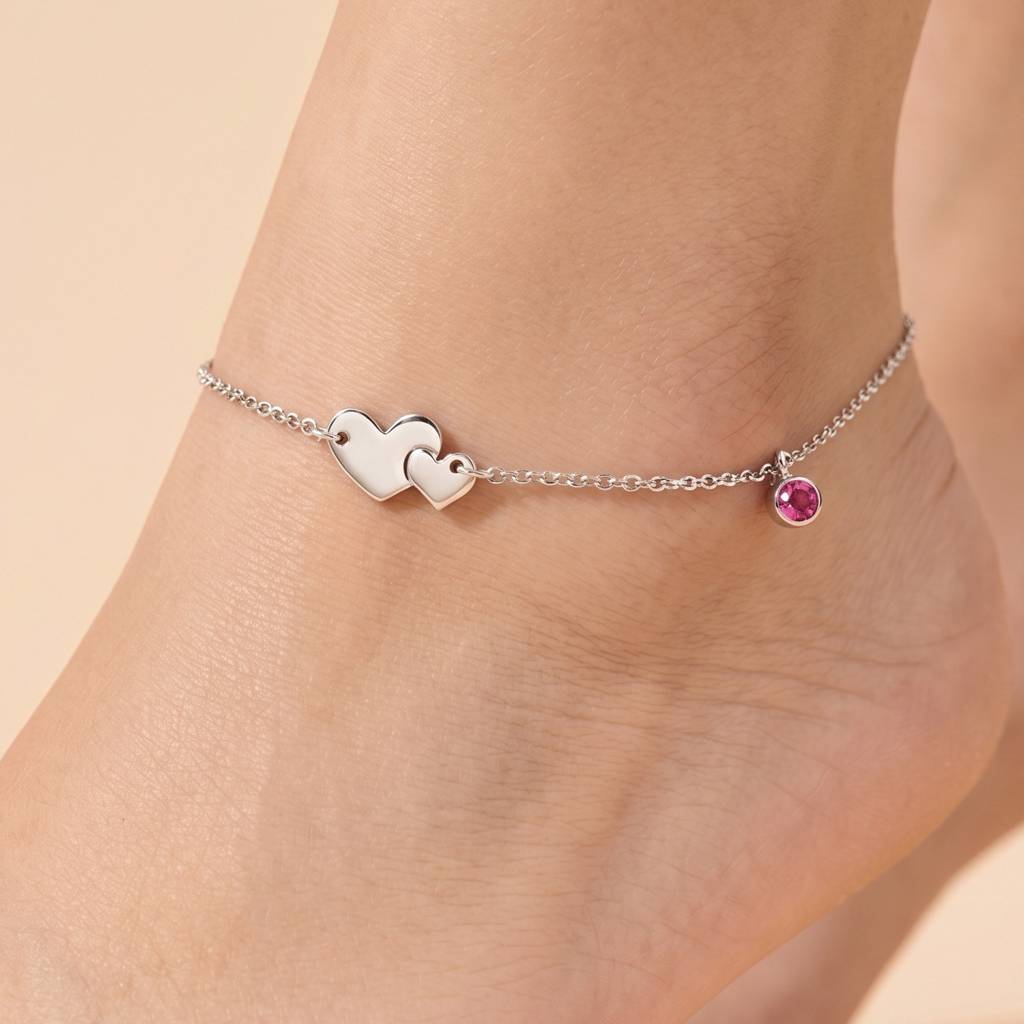 The Amour Bond Double Heart & Amethyst-Hued Silver Anklet : AK1136