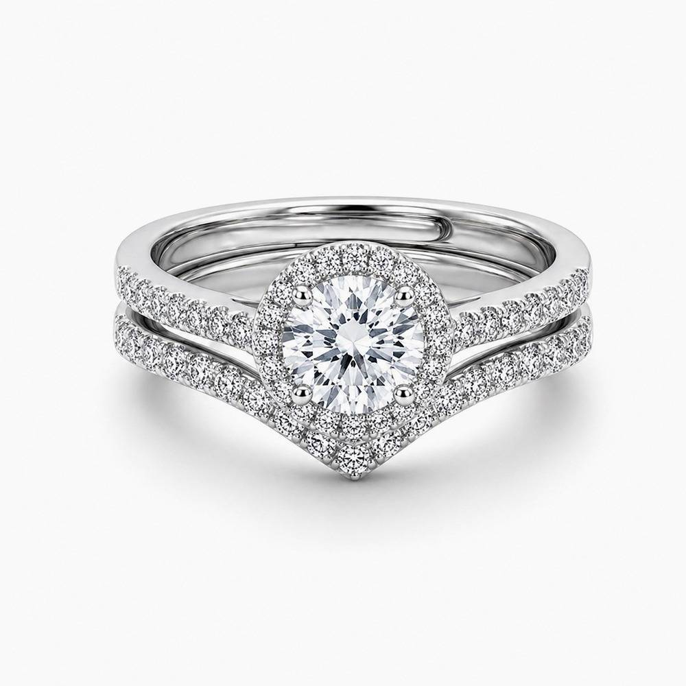 Round Halo Solitaire & Chevron Pavé Ring Set (925 Silver) : SR008