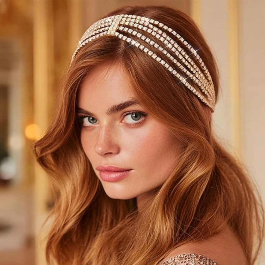Multi-Layer Rhinestone Headband For Women - 5 Row Crystal Elastic Hair Band - Sparkling Diamond Hair Acce : MRSK-PT-GOLDSILVER