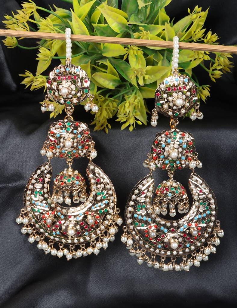 Navratan Jhumka Chaandbali Earrings With Kaanchain : ATQJ005