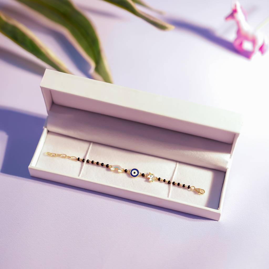 925 Silver, 18 Kt Gold Plated Children'S Unicorn Evil Eye Nazariya With Rainbow Charm : K1008unicornbullseyenazariya