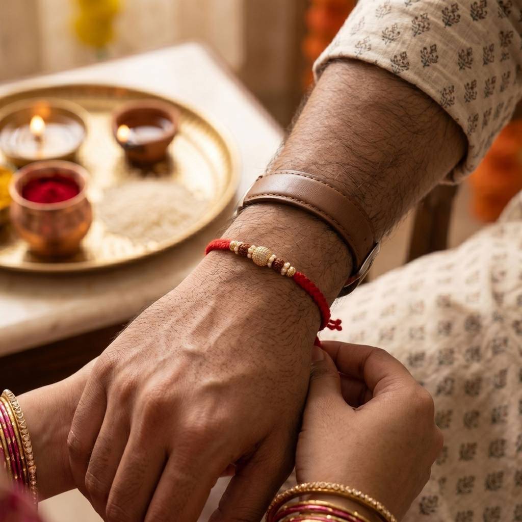 Royal Rudraksha Crystal Rakhi For Brother | Premium Designer Rakhi With Crystal Sphere, Rudraksha & Pearl Accents  : RAKHI_013
