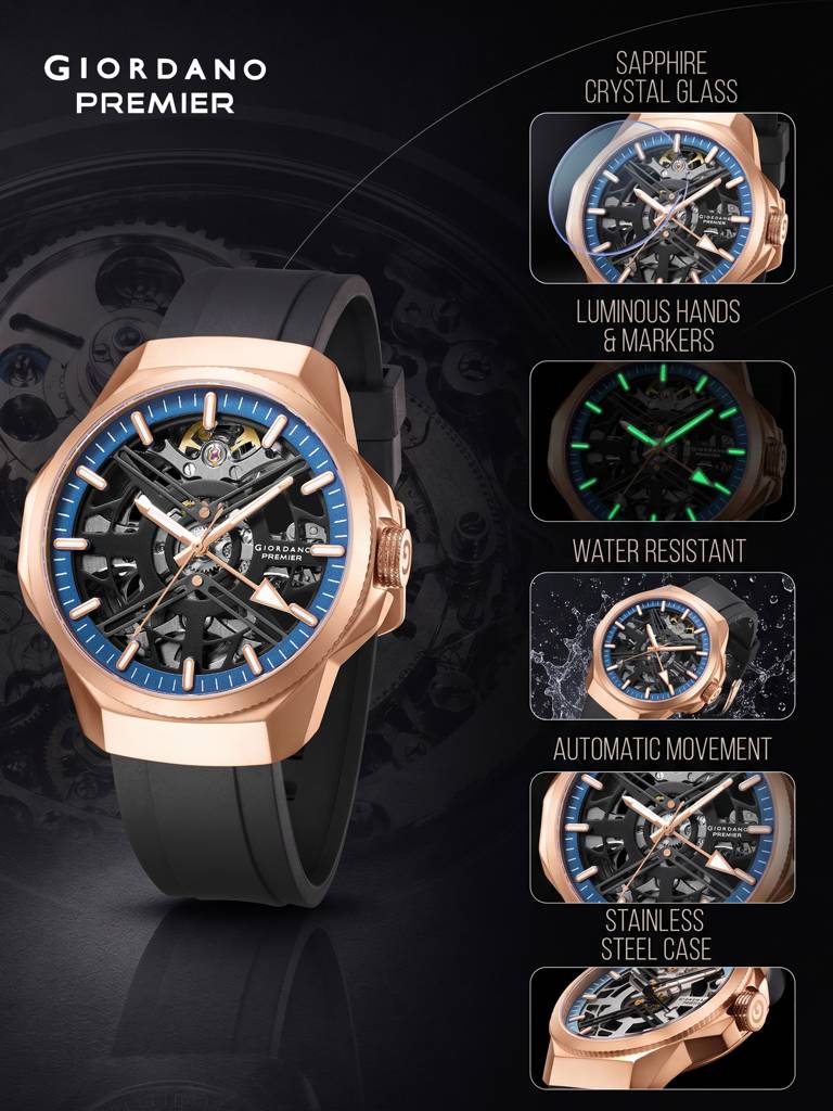 Premier Xapphire Collection Automatic Watch For Men With Round Skeleton Dial, Exposed-Gear Design, Luminous Hand : GZ-50232-03