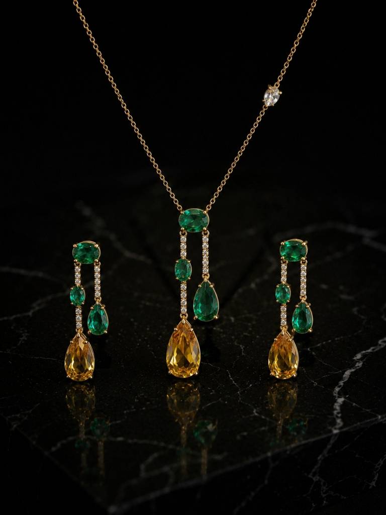 Vendemmia Emerald & Citrine Cascade Necklace & Earring Set, 18K Gold-Plated : SET961ESDS