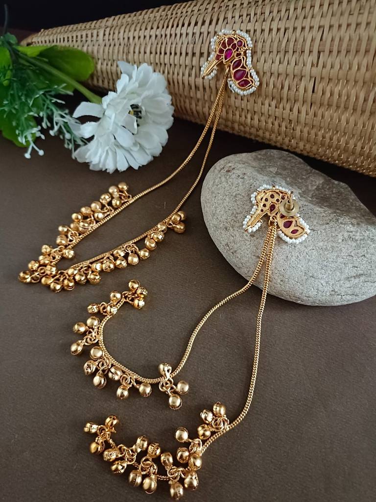 Gold-Plated Kundan Studded & Ghungroo Beaded Tasselled Peacock Kashmiri Drop Earrings : VS105309