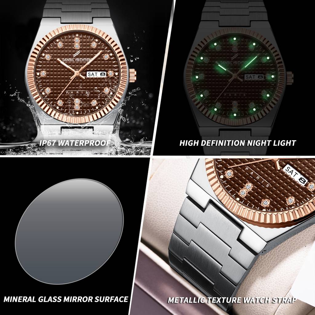 Daniel Hechter Hoche Collection Classic Analog Watch For Men – Textured Dial,Crystal Indices With Fluted Bezel, D : DHM1027-44