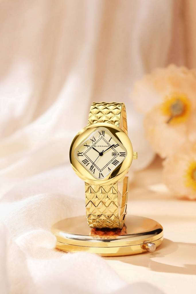 Giordano Elegant Analoge Watch For Women - Unique Rounded-Square Dial, Roman Numeral Dial, Date Display And Text : GZ-60121-33