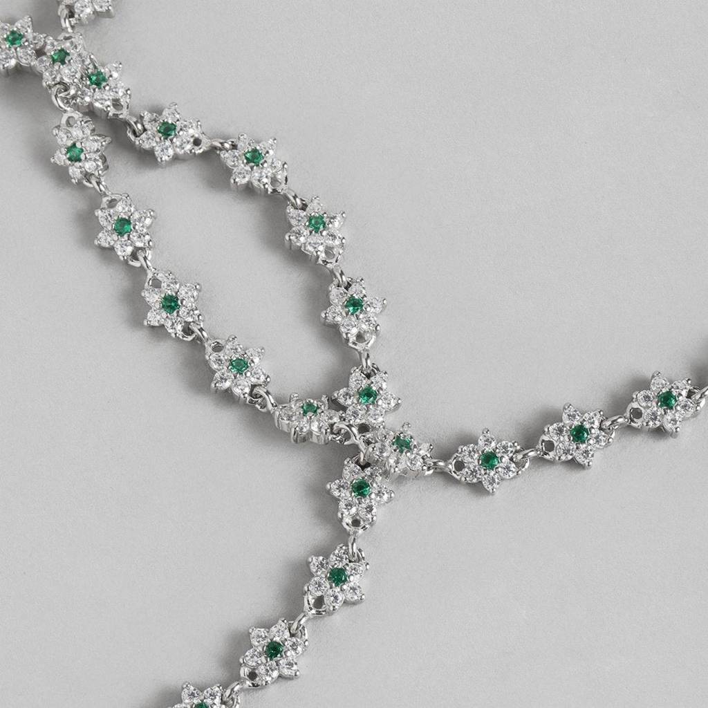 Floral Green Cz Rhodium Plated 925 Sterling Silver Anklet : ANK-60332-PAIR-R
