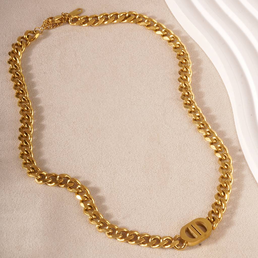 18K Plated Waterproof Antitarnish Chain Link Necklace With Double D Monogram : AMO0924N689G