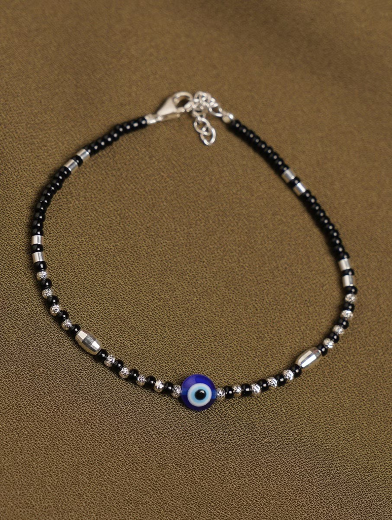 925 Sterling Silver Evil Eye Black Beaded Bracelet : ARSBR172