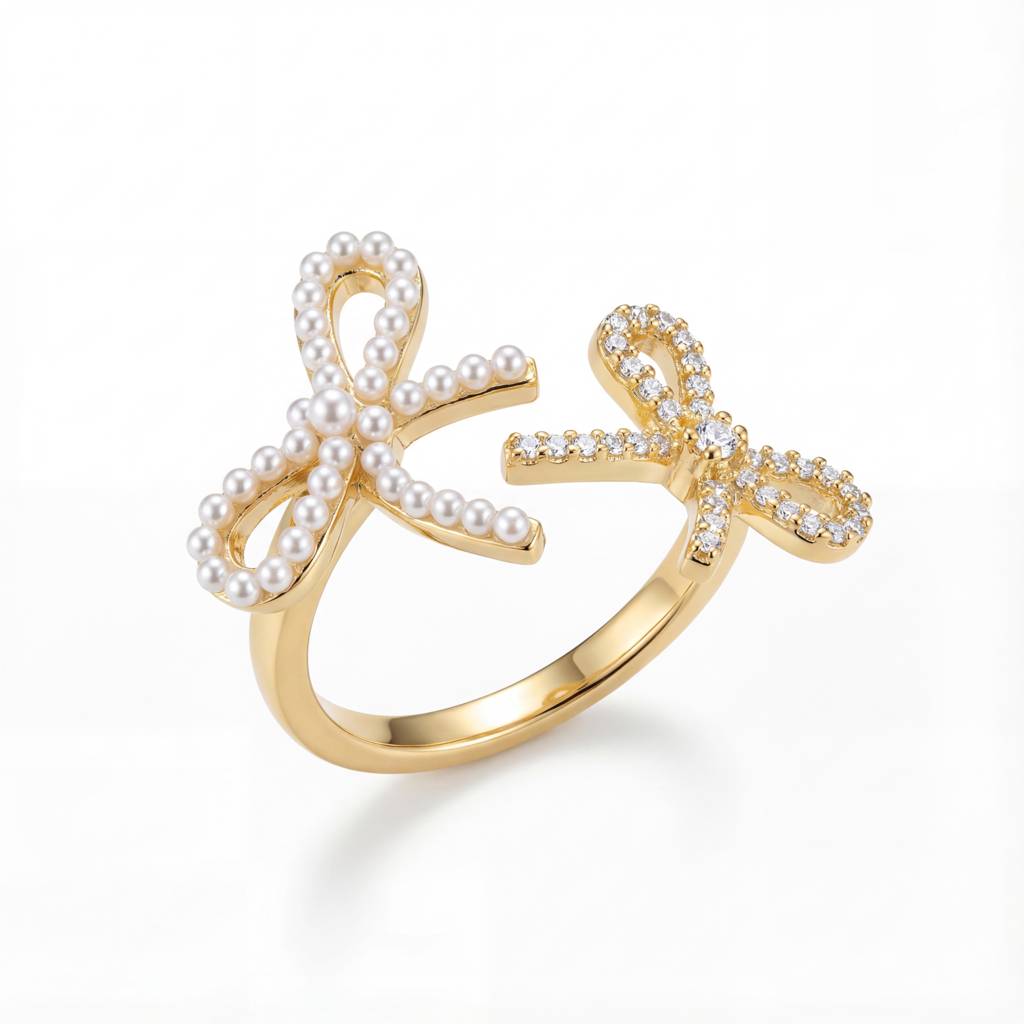 Korean Coquette Dual-Bow Bypass Ring : YUFSRG207