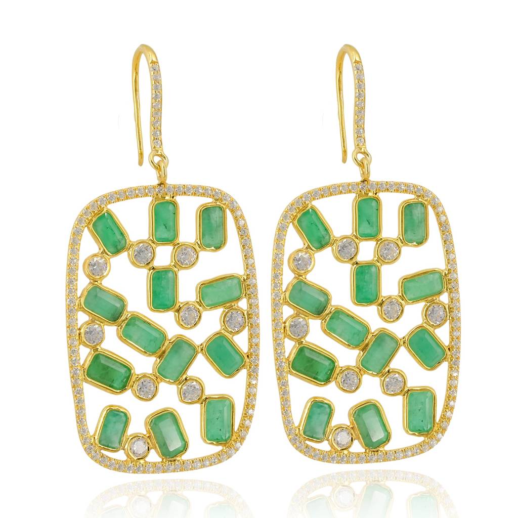 Natural Emerald Mosaic Drops In Sterling Silver, 18Kt Gold Plated : ER0009