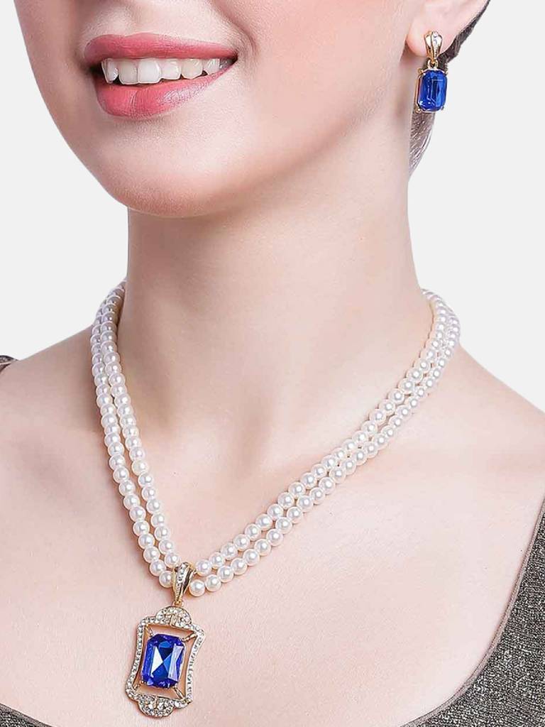 Estele Gold Plated Sophisticated Pearl Jewellery Set With Amethyst Stone For Women : 9057NKER