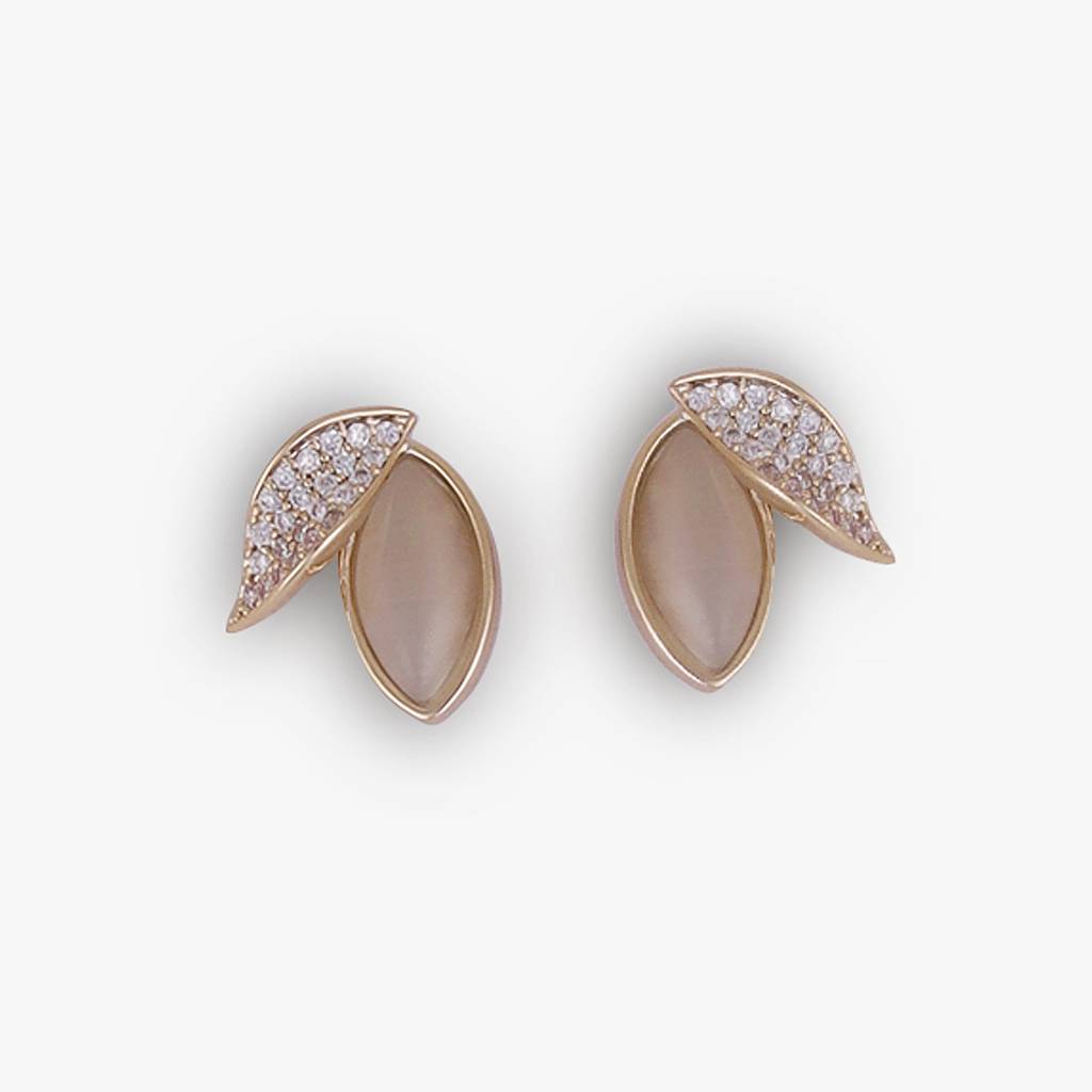 Eye-Catchy Cat Eye Stone Leaf Gold Plated Stud Earring For Women : 90SE77