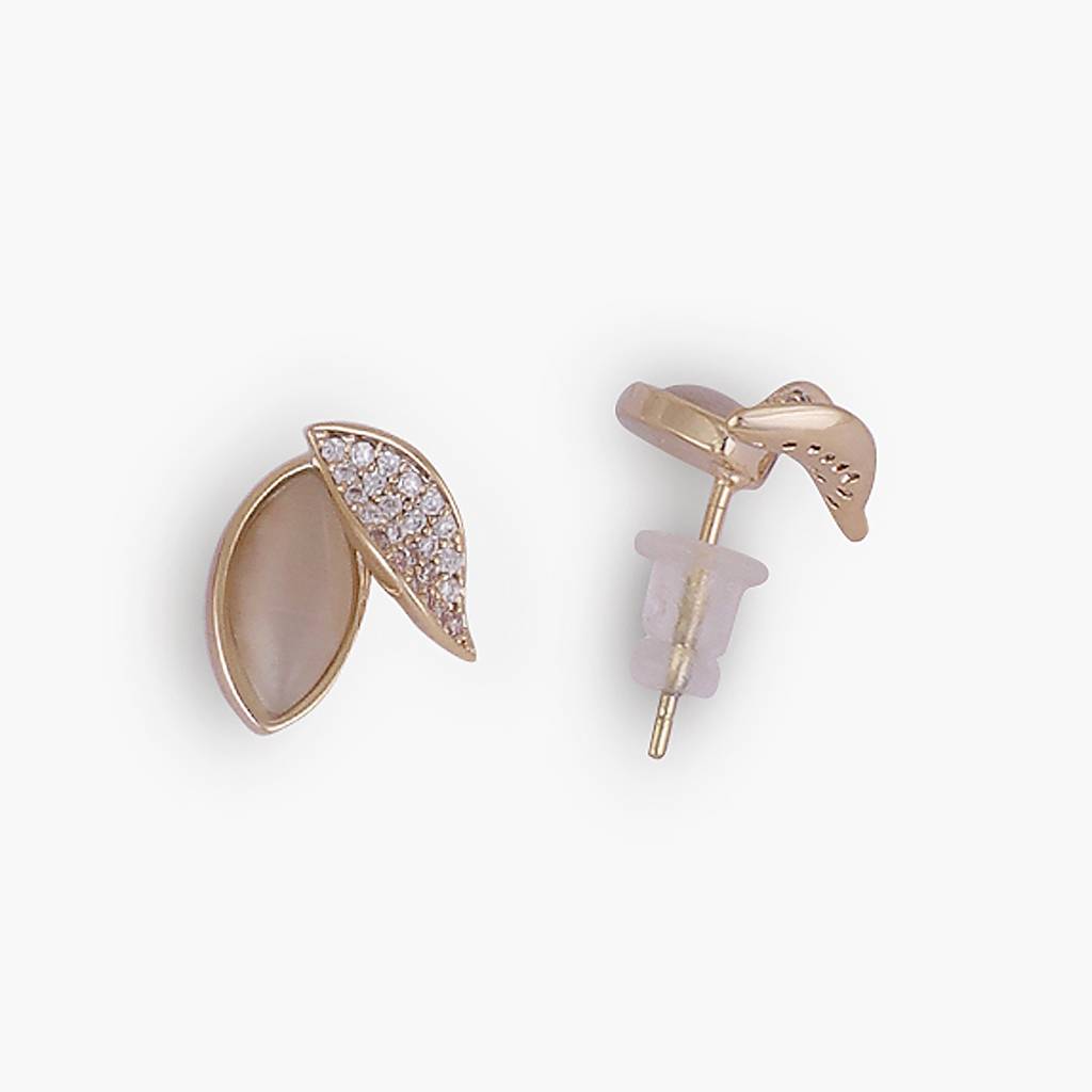 Eye-Catchy Cat Eye Stone Leaf Gold Plated Stud Earring For Women : 90SE77
