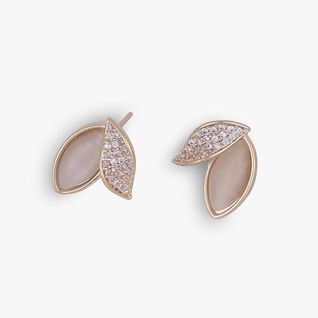 Eye-Catchy Cat Eye Stone Leaf Gold Plated Stud Earring For Women : 90SE77