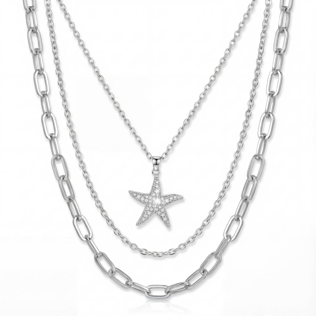 Korean Ocean Muse Triple-Strand Starfish & Pearl Statement Necklace : YUFSNL238