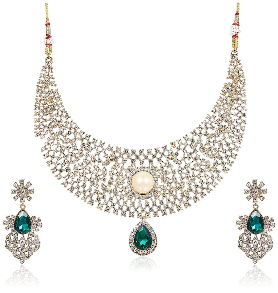 Estele Gold & Rhodium Plated Emerald And Diamond Heavy Choker Necklace Set For Women : 9679-IGNKER