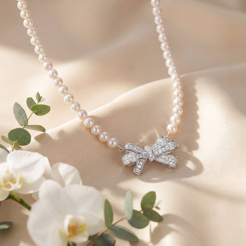 Korean Radiant Pave Bow Pearl Necklace : YUFSNL247