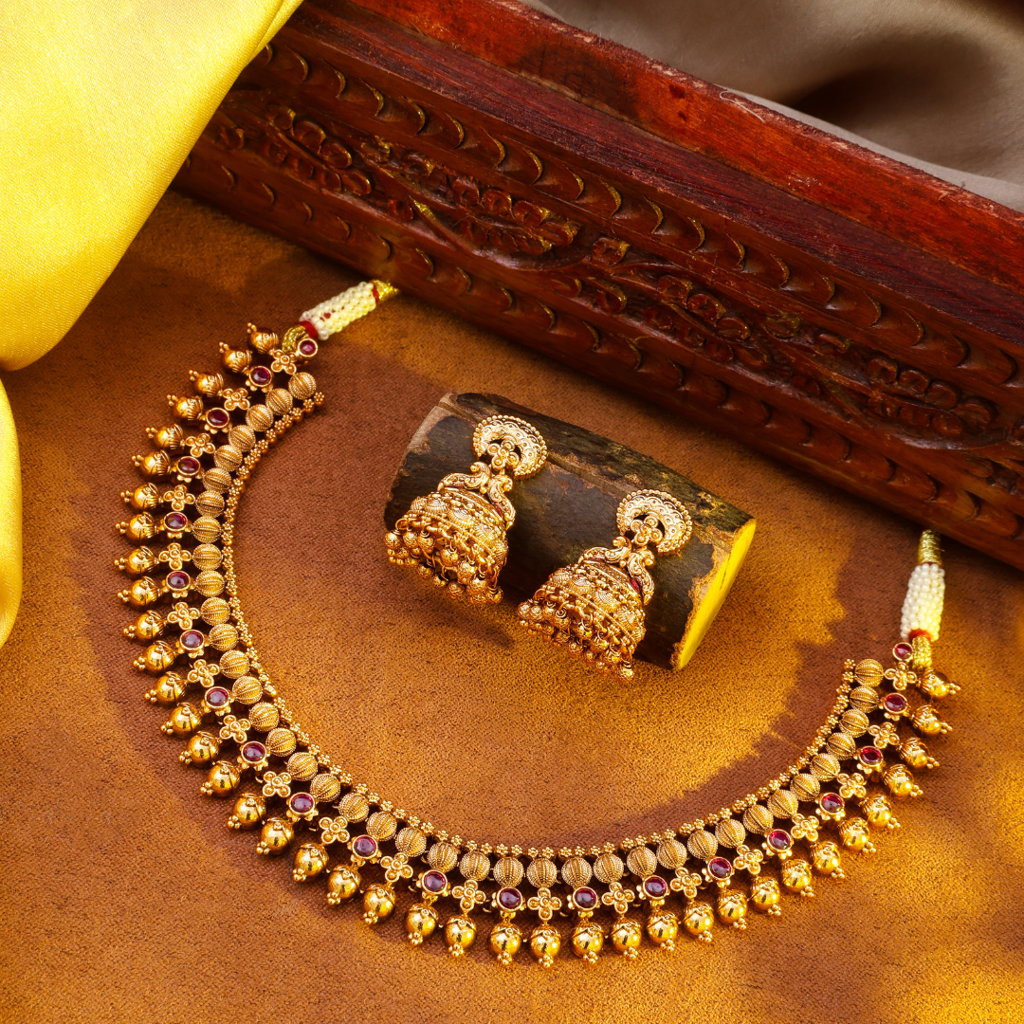 South Indian Temple Jewellery Bridal Choker Necklace Set With Jhumka Earrings : K-1371