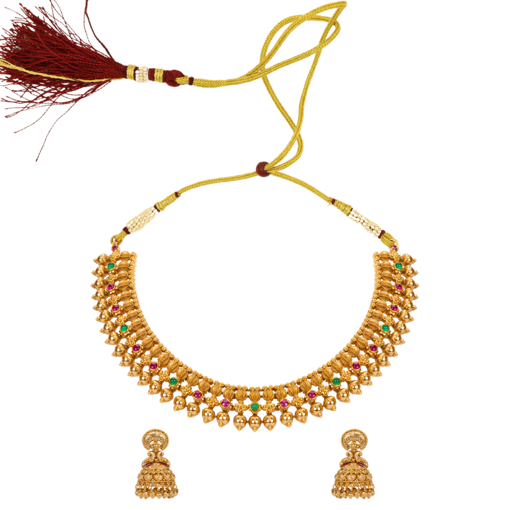 South Indian Temple Jewellery Bridal Choker Necklace Set With Jhumka Earrings : K-1371