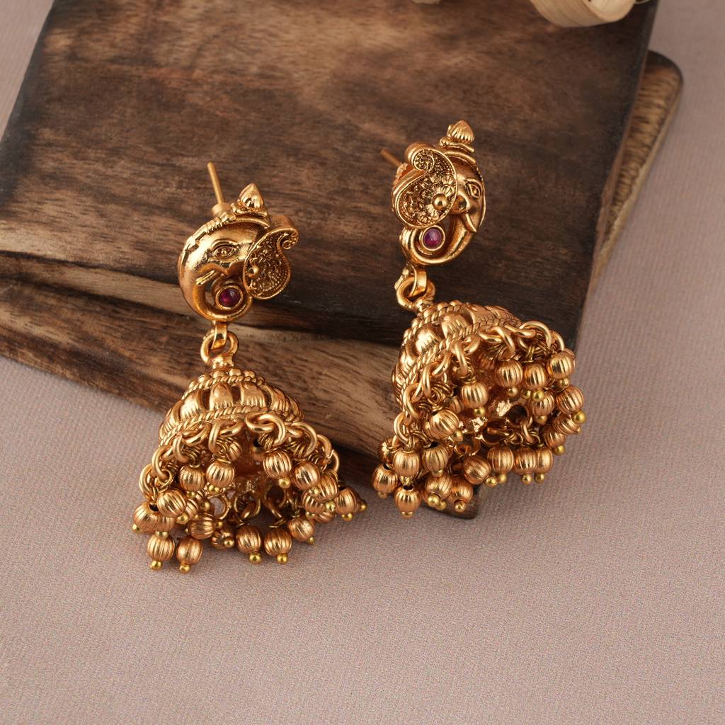 Antique Gold Plated Ganesh Earring I Temple Jewellery : SJ124