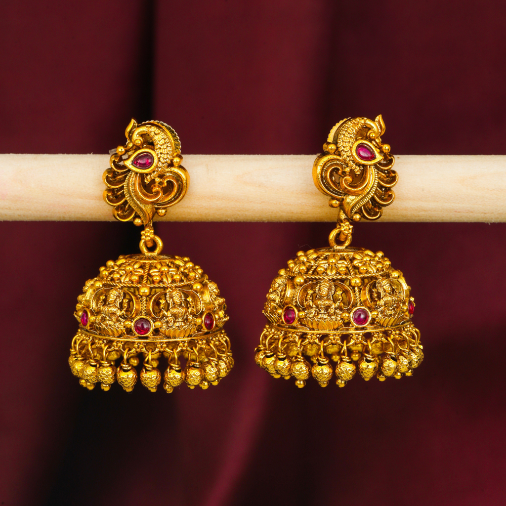 Peacock Crest Dome Jhumka | 1 Gram Gold-Plated Temple Earrings : V-675