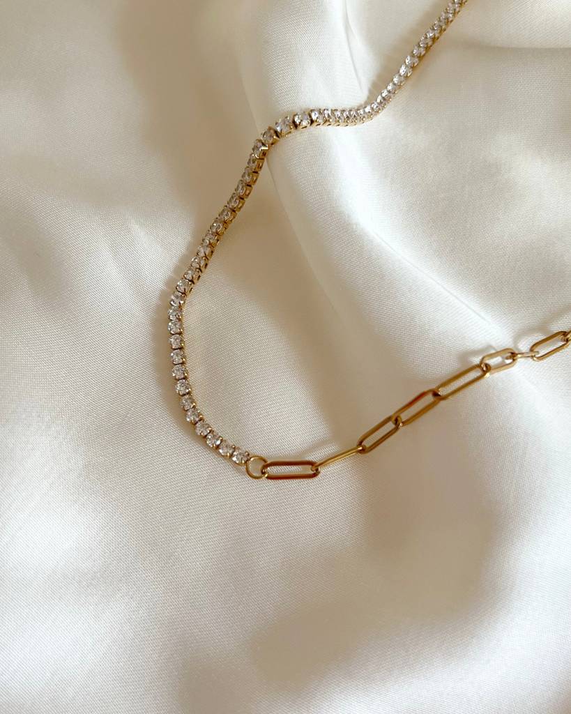 18K Gold Plated Tennis Paper Clip Necklace, Daphne : N90