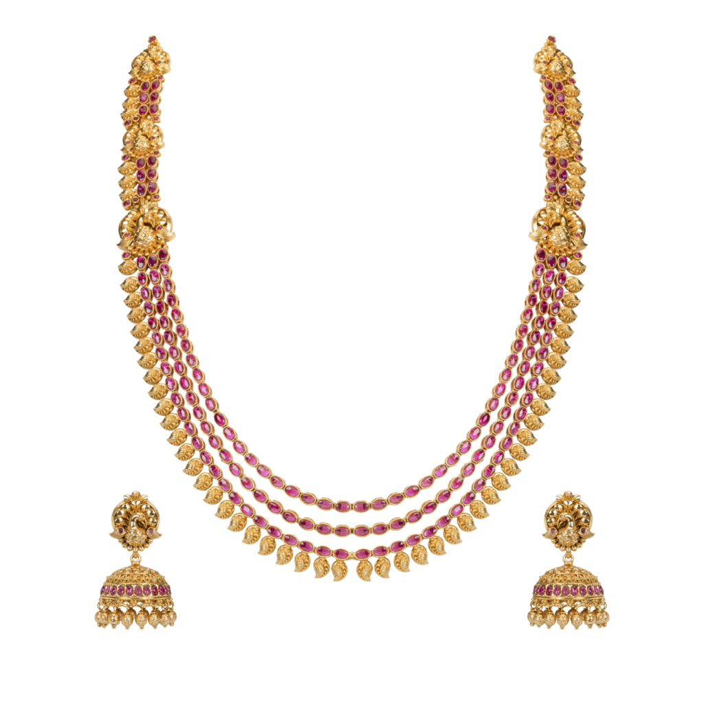 South Indian Temple Jewellery Long Haram Bridal Necklace Set With Ruby Stones : K-608