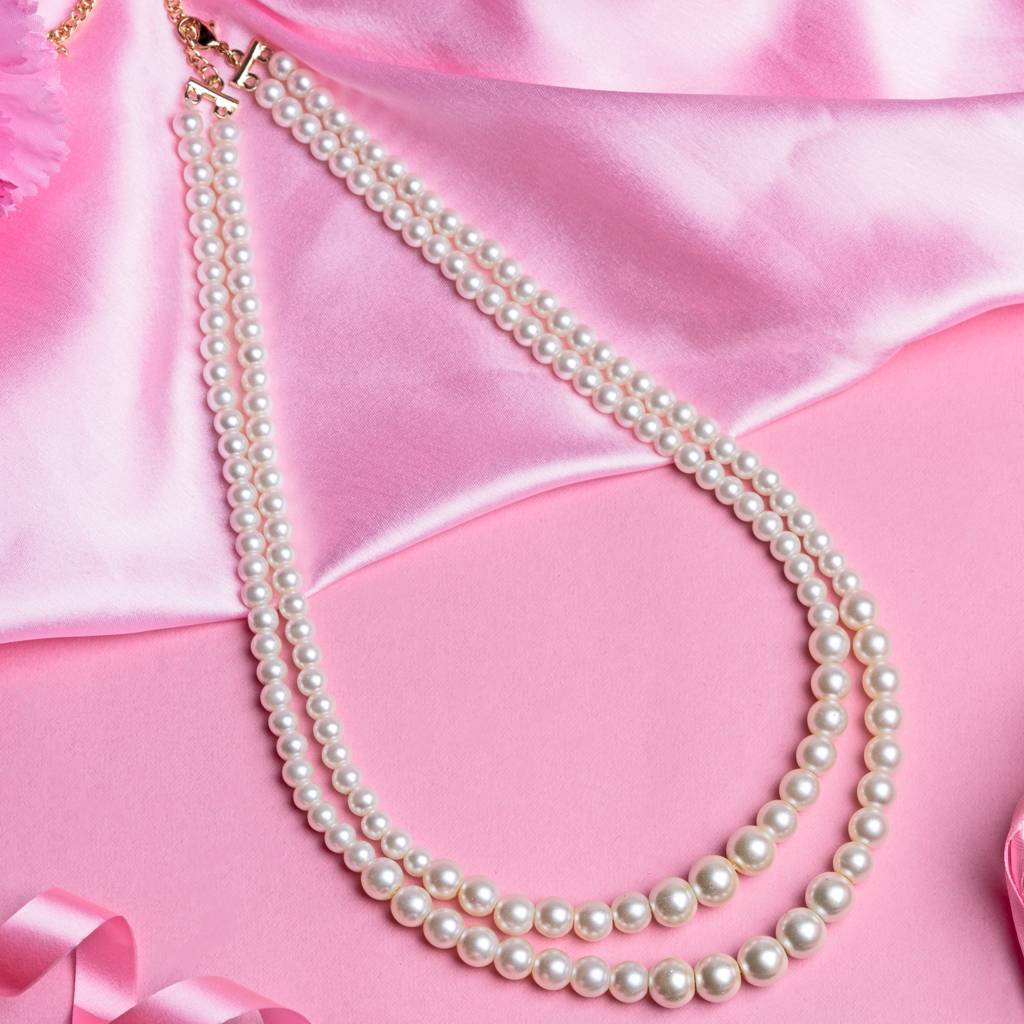 Estele Gold Plated Elegant Double Line White Pearl Necklace For Women : 9635-NKNK