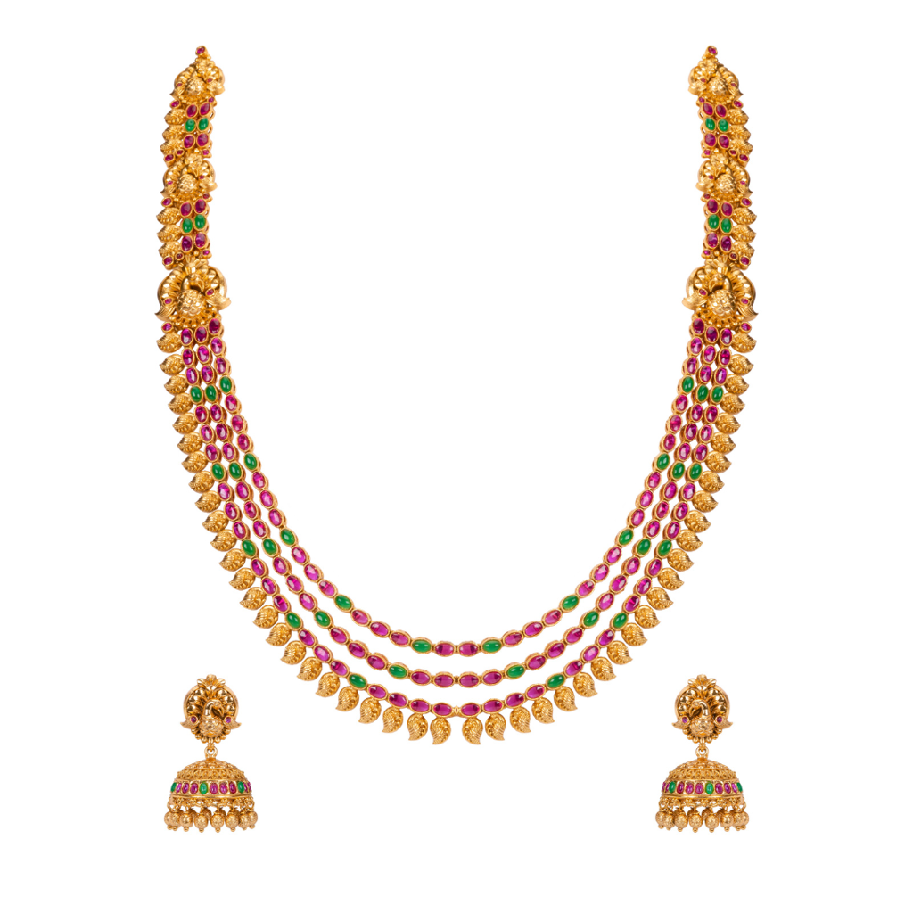 South Indian Temple Jewellery Long Haram Bridal Necklace Set With Ruby Stones : K-608